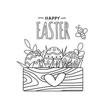 Wooden box with Easter eggs. Coloring page. Black and white eggs. Vector Stock Illustration