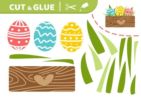 Wooden box with Easter eggs. Cut and glue. Easter eggs. Applique. Paper game Stock Illustration