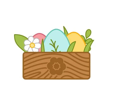 Wooden box with Easter eggs. Cute composition of eggs and flowers. Cartoon Stock Illustration