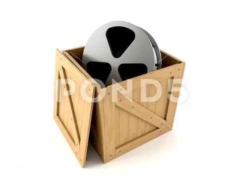 Film reel in open round metal box, old cinema film bobbin in container  Stock Vector