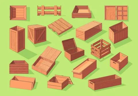 Wooden box isometric vector set icon. Pallets fruits and vegetables イラスト素材