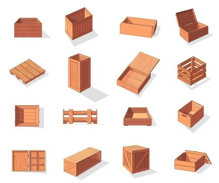 Wooden box isometric vector set icon. Pallets fruits and vegetables Stock Illustration