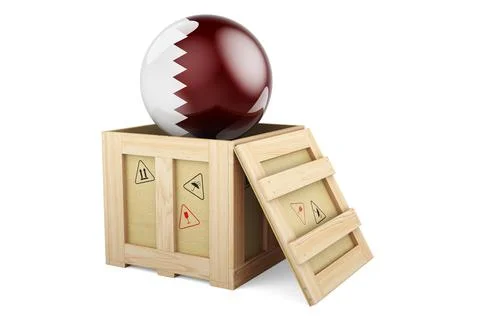 Wooden box, parcel with Qatari flag. Shipping and delivery in Qatar, concept. Stock Illustration