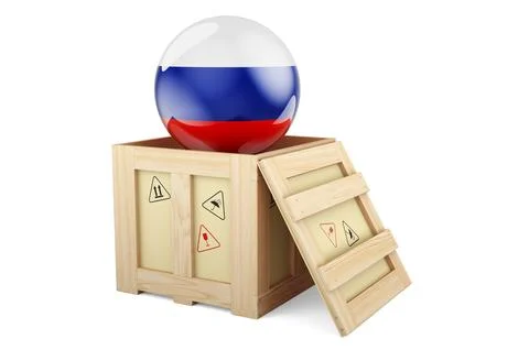 Wooden box, parcel with Russian flag. Shipping and delivery in Russia, concep Illustrazione stock