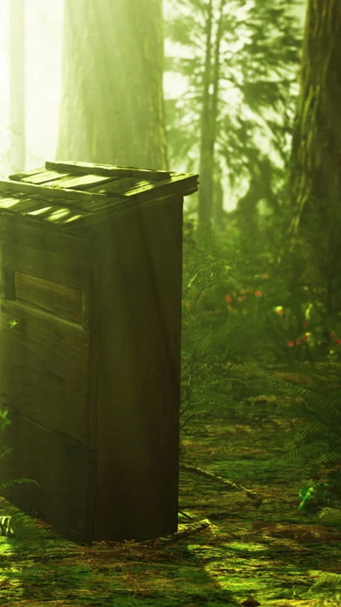 Wooden box placed on a dirt path surrounded by trees in a forest Stock Footage 335236061