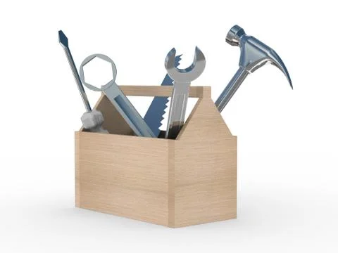 Wooden box with tools. Isolated 3D image 스톡 일러스트