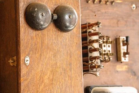 Wooden box with two round knobs on it Stock Photos