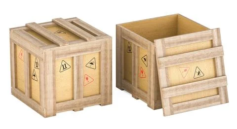 Wooden boxes. Opened and closed wood crates, parcels. 3D rendering Stock Illustration