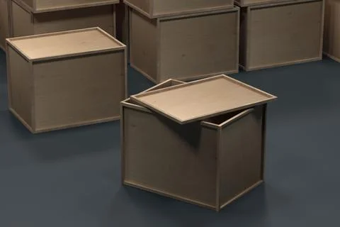 Wooden boxes for packaging on the floor. 3d rendering Stockillustratie