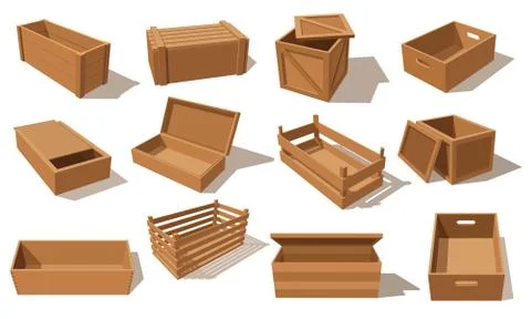 Wooden boxes, vector parcels for goods packaging 库存插图