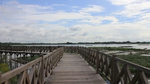 Wooden Bridge with a background of cloudy blue sky. Located in Boyolali Stock Footage 295909119