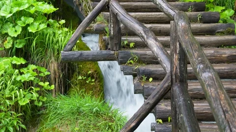 Wooden Bridge Over Flowing Stream at Plitvice Lakes Video stock 310960847