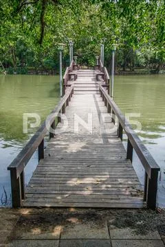 Wooden bridge over pond Stock Photos