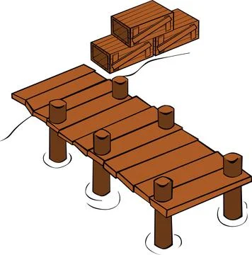 Wooden Bridge Over the River. Vector Illustration of a Wooden Bridge. Ilustração Stock