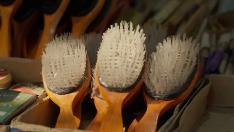 Wooden Brushes to clean things Displayed At Indian Street Market Stockbeeldmateriaal 333427383