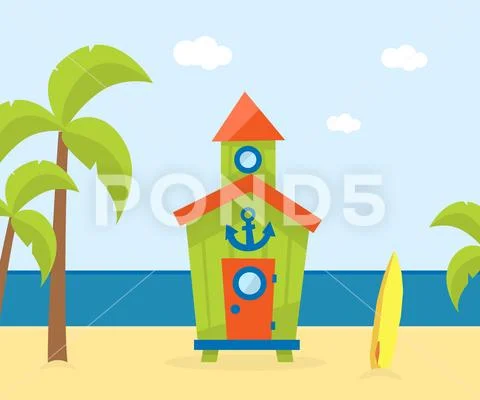 Wooden Bungalow on Tropical Coast, Sea Beach Beautiful Landscape, Seaside Stock Illustration