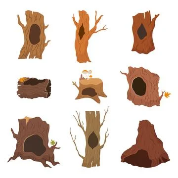 Wooden burrows, tree with holes. Empty animals houses, wood trunks and stump Ilustração Stock