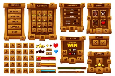 Wooden button, cartoon interface UI or game GUI Illustrazione stock
