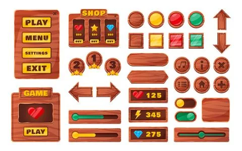 Wooden button. Game interface design. Cartoon panel with GUI arrow icon. Wo.. Illustrazione stock