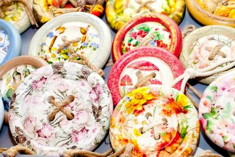 Wooden buttons with a decorative pattern Stock Photos