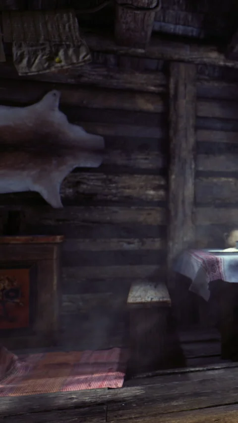 Wooden cabin interior with bear hide and lamp on table during evening Stock Footage 335950264