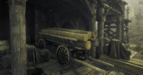 Wooden cart with logs inside a rustic shed during twilight hours Stock Illustration