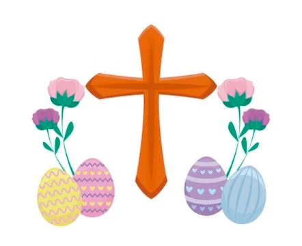 Wooden catholic cross with eggs of easter and flowers Stock Illustration