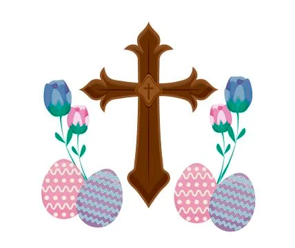Wooden catholic cross with eggs of easter and flowers Stock Illustration