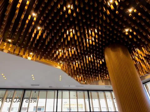 Wooden ceiling pattern of a modern cafeteria Stock Photos