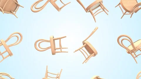 Wooden Chairs Falling on a Light Background. Stylized Chairs 3D Animation. 4K Stock Footage 295666378