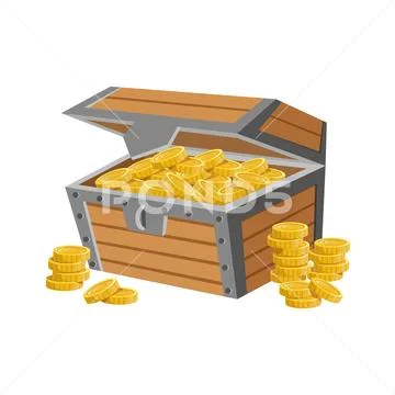 Wooden Chest Filled With Golden Coins, Hidden Treasure And Riches For Reward In Stock Illustration