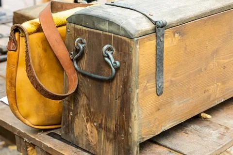 Wooden chest old closeup marching safe bag leather storage of documents Stock Photos