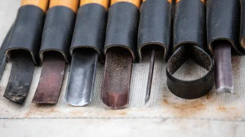 Wooden chisel set in tool case. Wood carving and crafts Stock Photos