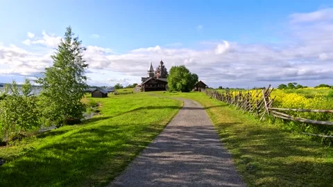 A wooden church at the end of a path. Stock Footage 340899081