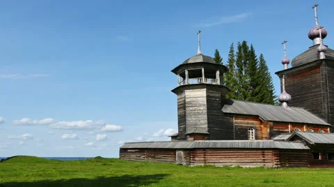 Wooden Church of St.Elijah the Prophet on Vodlozero Lake in Karelia, Russia Stock Footage 59062947