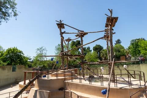 Wooden climbing structures inside the primate habitat Stock Photos