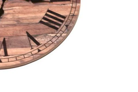 Wooden clock in left upper quadrant with white copy space Stock Photos