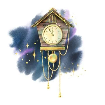 Wooden clock with a pendulum in the form of a house with golden beads on the Stock Illustration