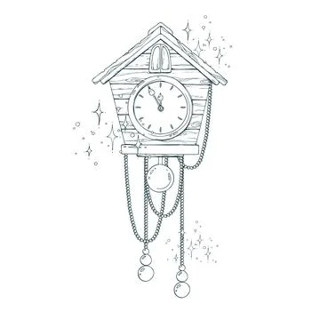 Wooden clock with a pendulum in the form of a house with beads. Line art is a イラスト素材