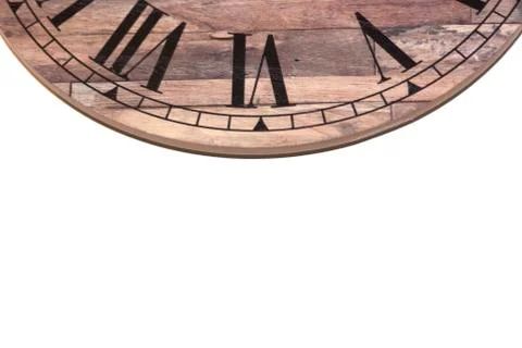 Wooden clock top centered against white background with copy space Stock Photos