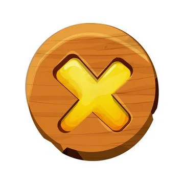 Wooden close button game interface, menu element, cross shape in comic cartoon 스톡 일러스트