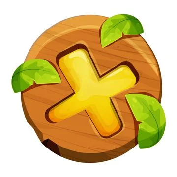 Wooden close button game interface, menu element, cross shape with jungle leaves 스톡 일러스트