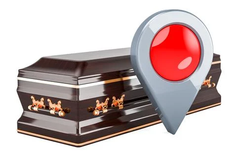 Wooden coffin with map pointer, 3D rendering Illustrazione stock