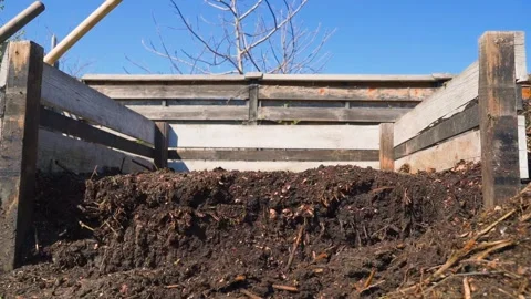 Wooden compost bin with decomposed dark soil in garden Видео 337309729