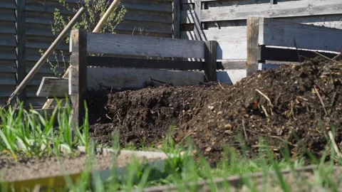 Wooden compost bin with decomposed soil in garden Stock Footage 337544725