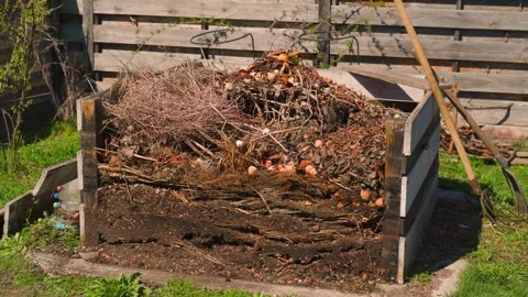 Wooden compost bin filled with organic garden waste in backyard Stock Footage 337309716