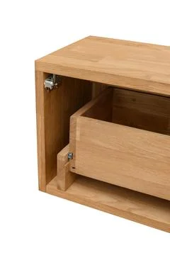 Wooden console table with open drawer detail Stock Photos