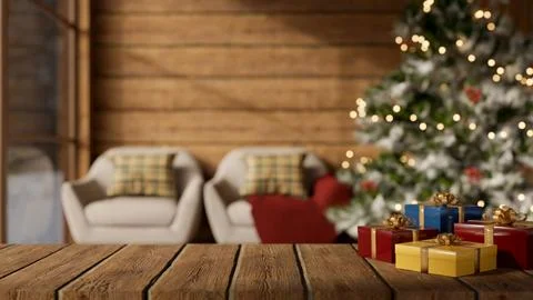 Wooden counter table with present gift box across Christmas tree and sofa c.. Stock Illustration