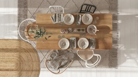 Wooden country dining table with table setting in white and beige tones.Jute  Stock Illustration