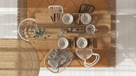 Wooden country dining table with table setting in white and orange tones.Jute Stock Illustration
